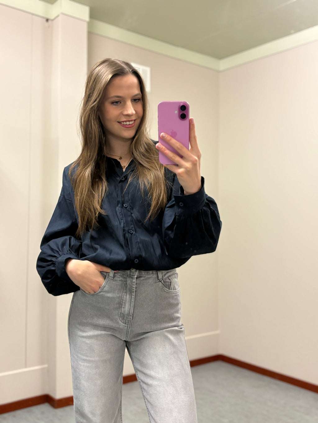 Blouse met pofmouwen - Navy